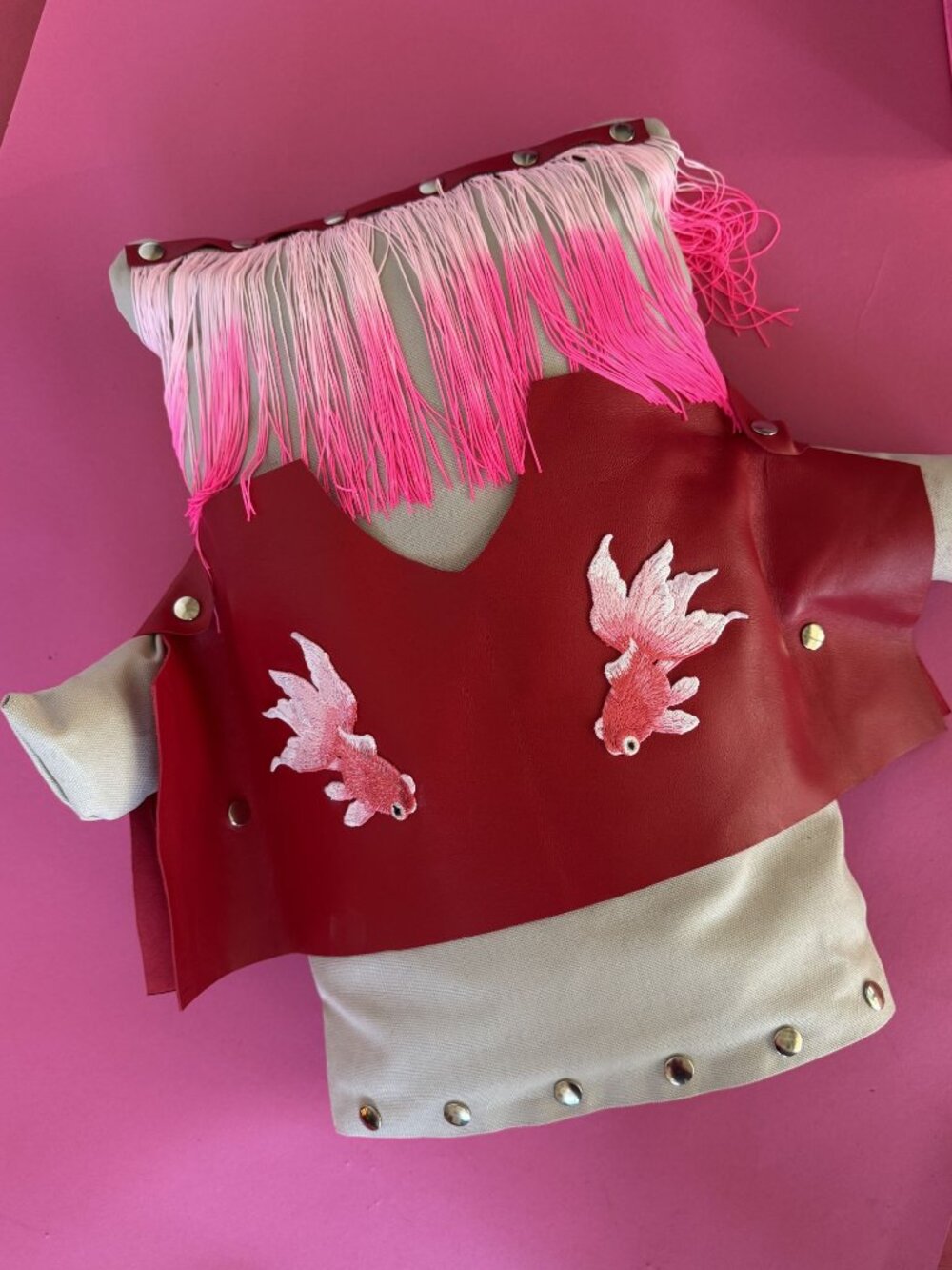 Upcycled Modular Throw Pillow • Handmade Red Leather + Canvas Art Pillow Gift
